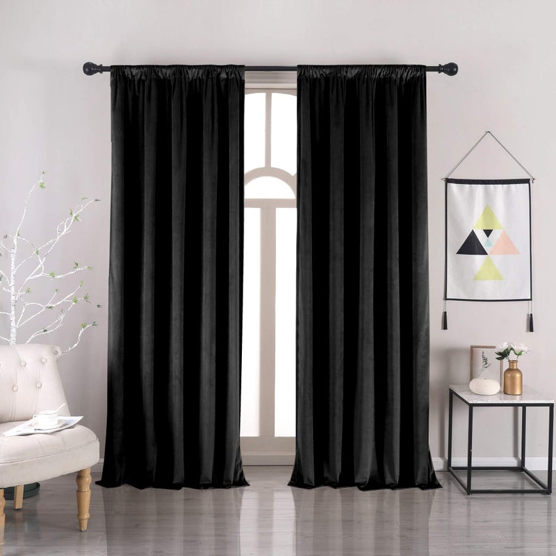nanbowang Black Velvet Curtains - 42 Inches Width 63 Inches Long Soft Curtain Rod Pocket Thermal Insulated Window Treatment for Bedroom 2 Panels - Image 1